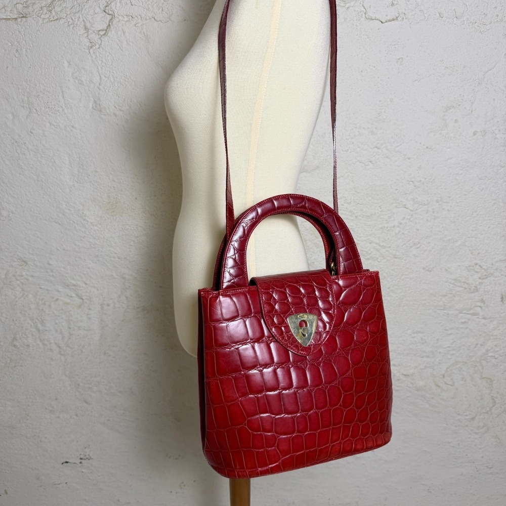 VTG Cats Crocodile Embossed Leather Shoulder Handbag Dark Academia Spain Luxury